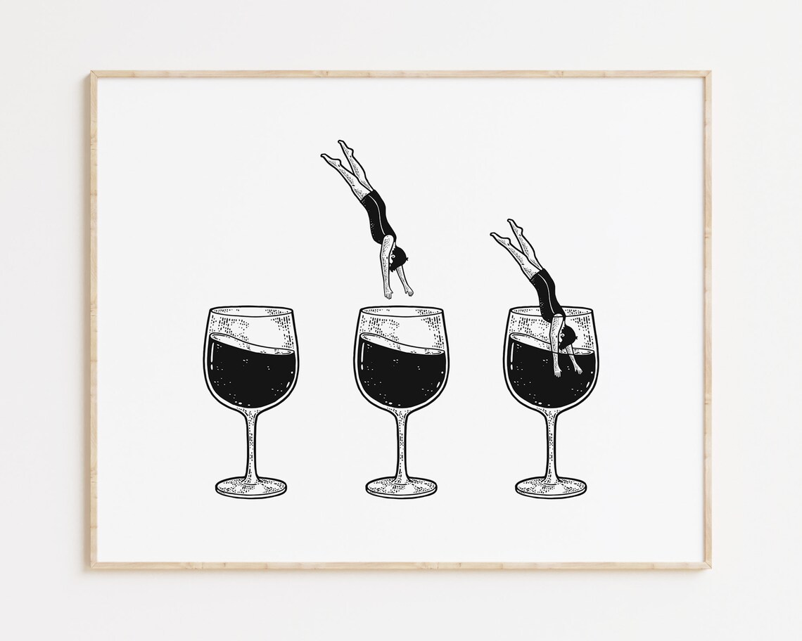Women Diving Into Wine Glasses Funny Bar Cart Ink Minimal Art Poster - Image 2
