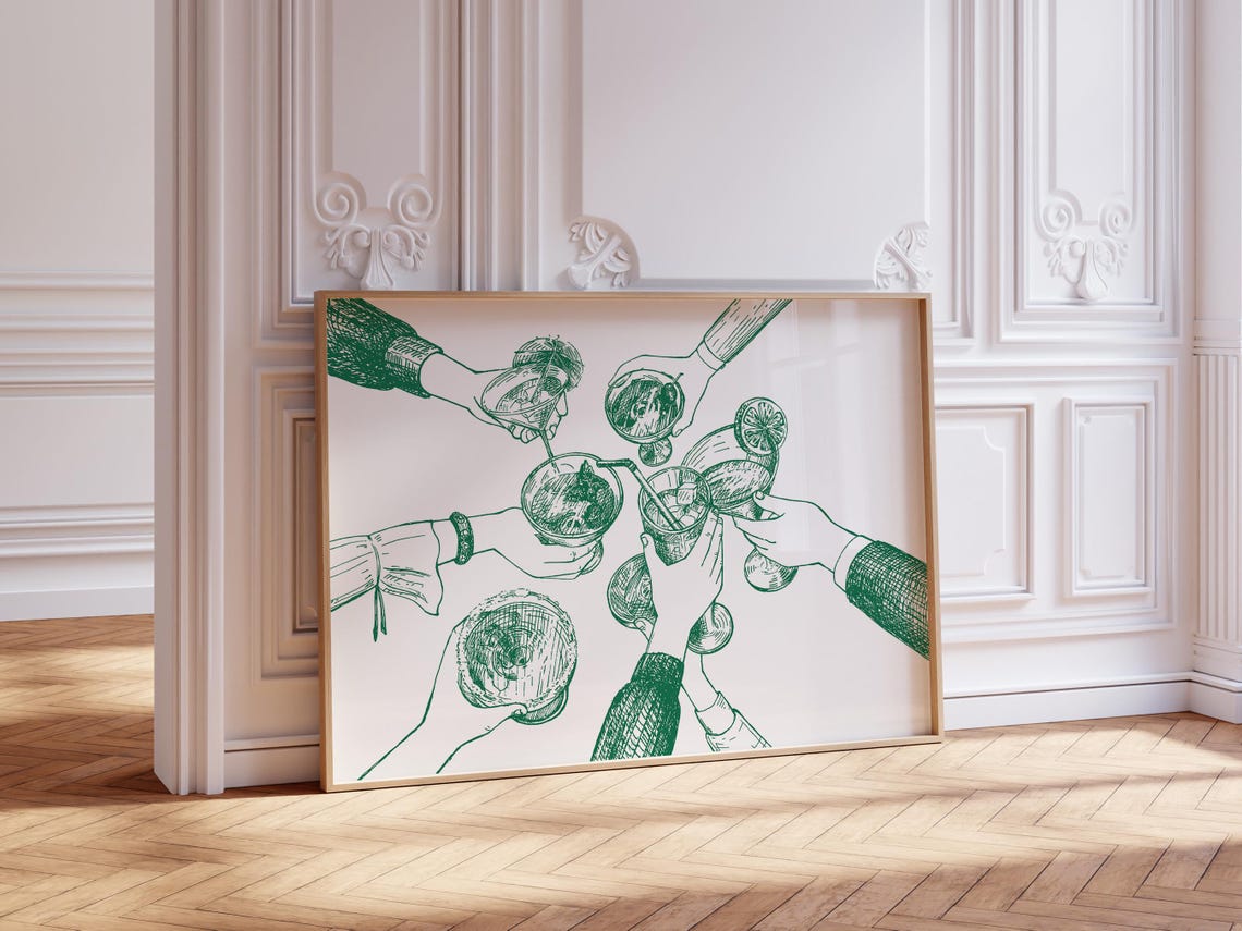 Green Line Drawing Cocktail Cheers Retro Bar Cart Decor Poster - Image 2