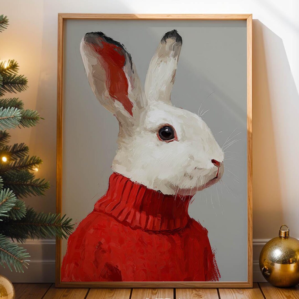 Winter Bunny in a Red Sweater Whimsical Rabbit Holiday Portrait Poster