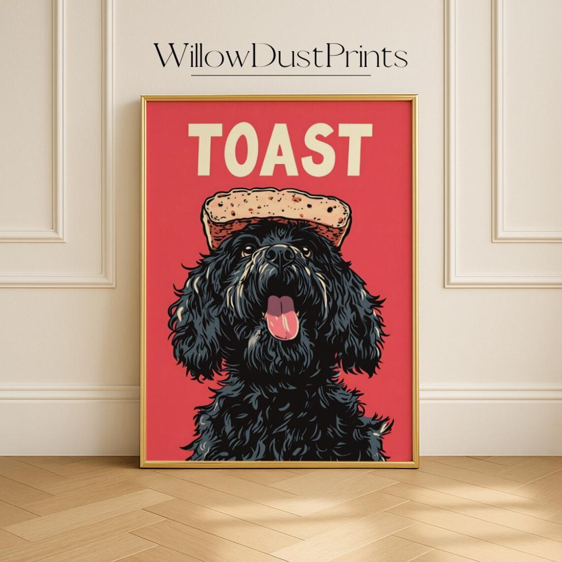 Happy Black Dog With Toast On Head Retro Kitchen Humor Poster