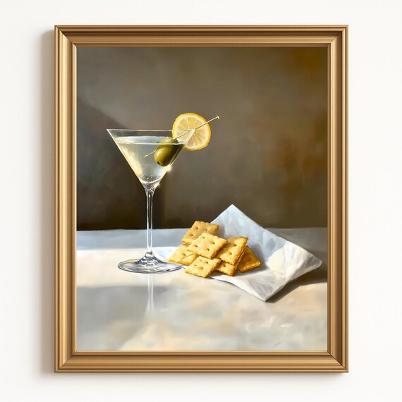 Martini Glass with Olive Lemon and Crackers Still Life Bar Poster