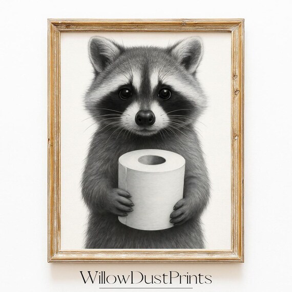 Raccoon Bathroom Print Wall Art Funny Decor Animal Gift Poster Toilet Paper