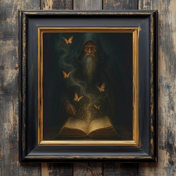 Dark Wizard Spell Book Golden Butterflies Gothic Fantasy Poster