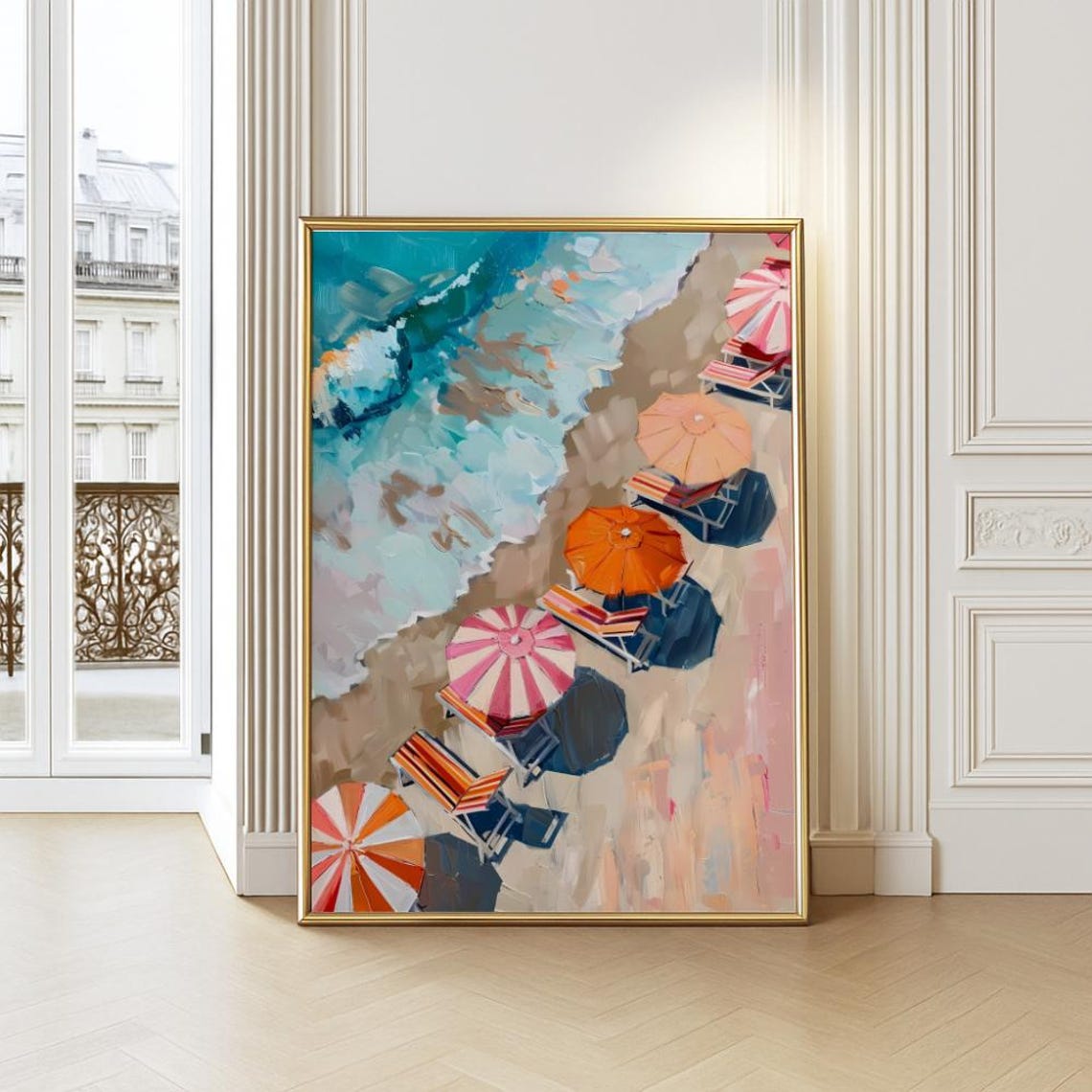 Aerial Beach Umbrellas and Lounge Chairs Colorful Coastal Poster