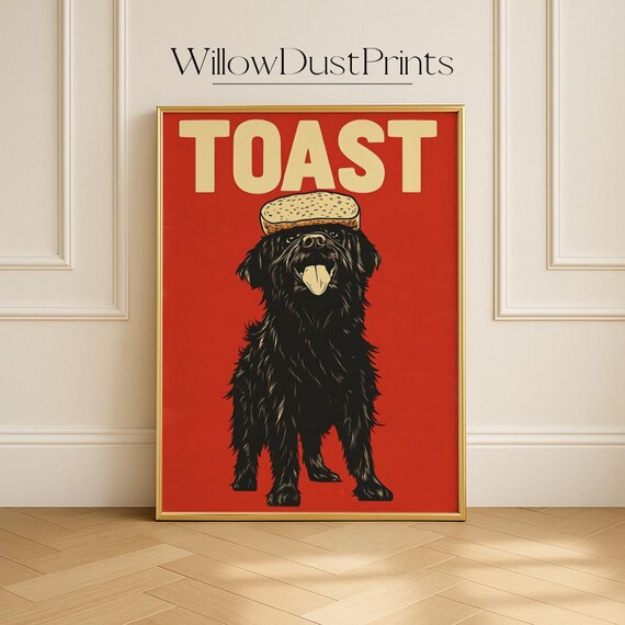 Funny Dog Wall Art Fluffy Black Pup With Toast On Retro Poster For Kitchen Office Or Dorm Decor Quirky Pet Lover Gift