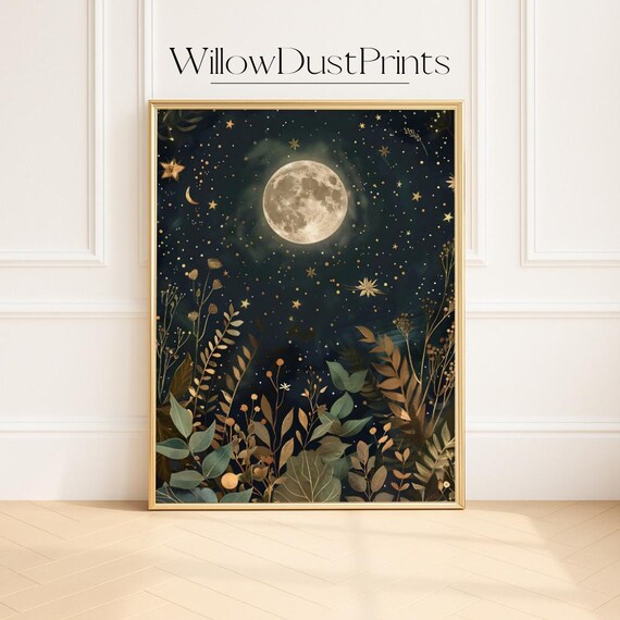 Celestial Moon Starry Night Gold Botanical Wildflower Art Poster
