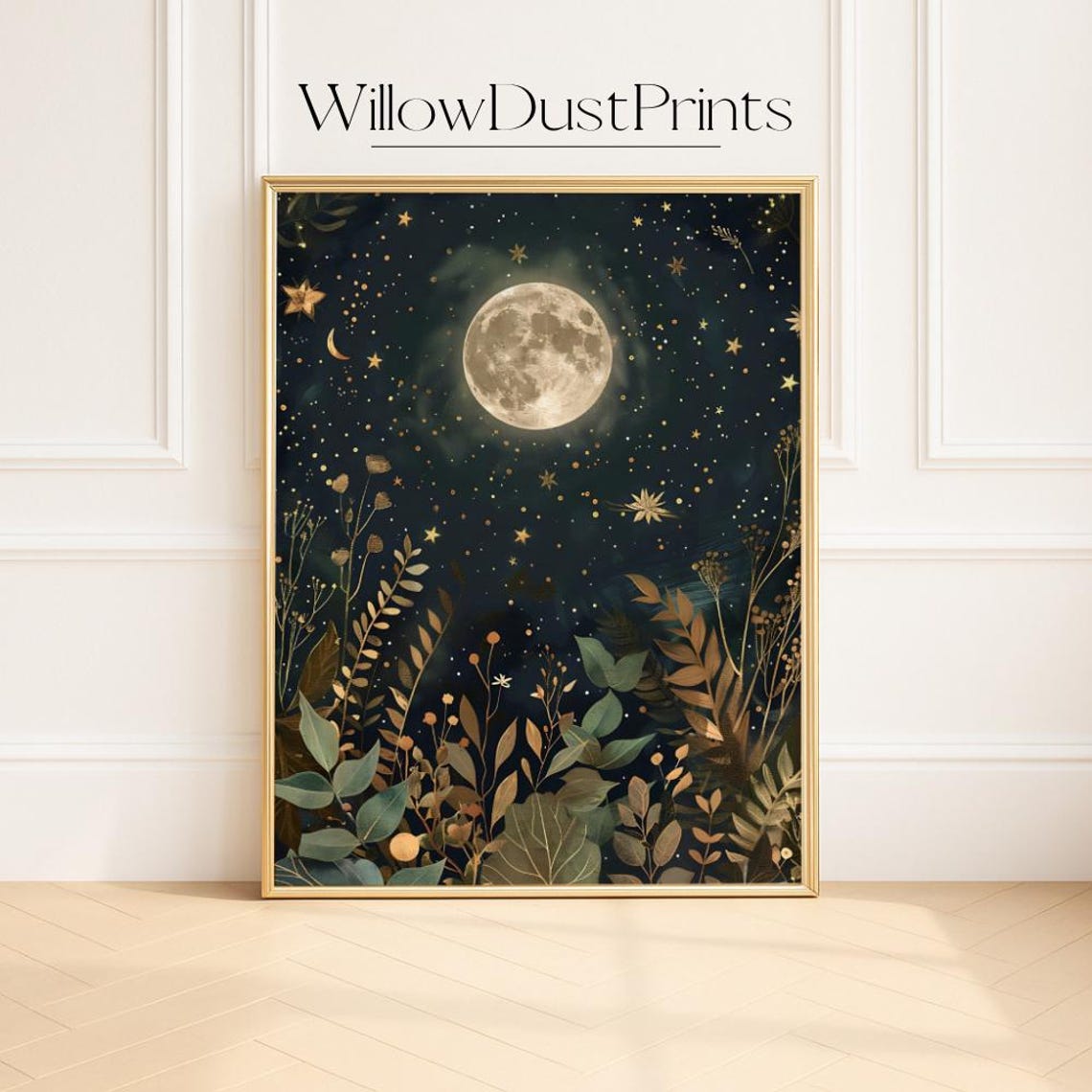 Celestial Moon Starry Night Gold Botanical Wildflower Art Poster