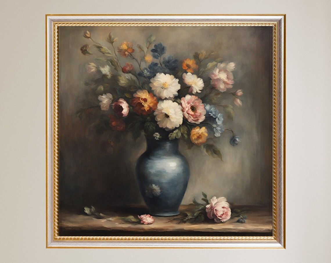 Moody Peony Rose Bouquet Blue Vase Vintage Still Life Painting Poster