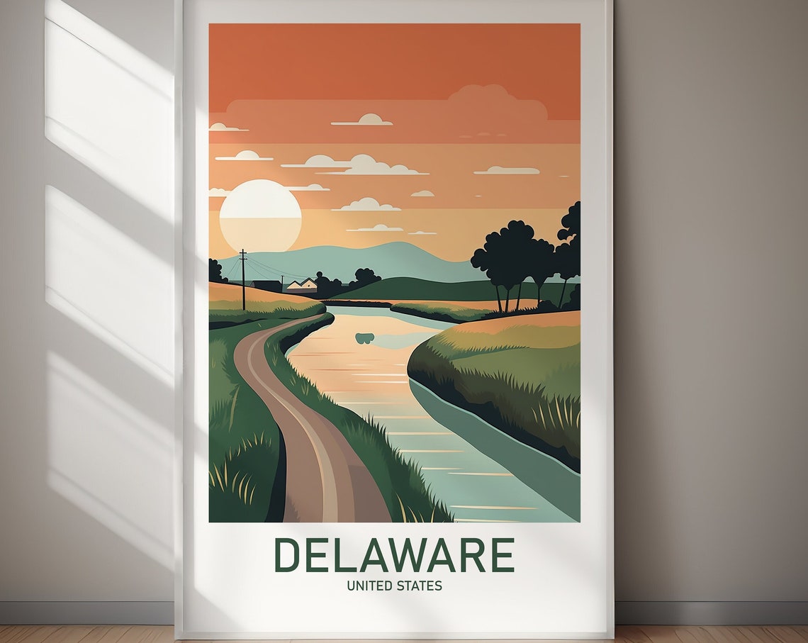 Delaware Quiet Canal Country Road Sunset Retro Vintage Poster