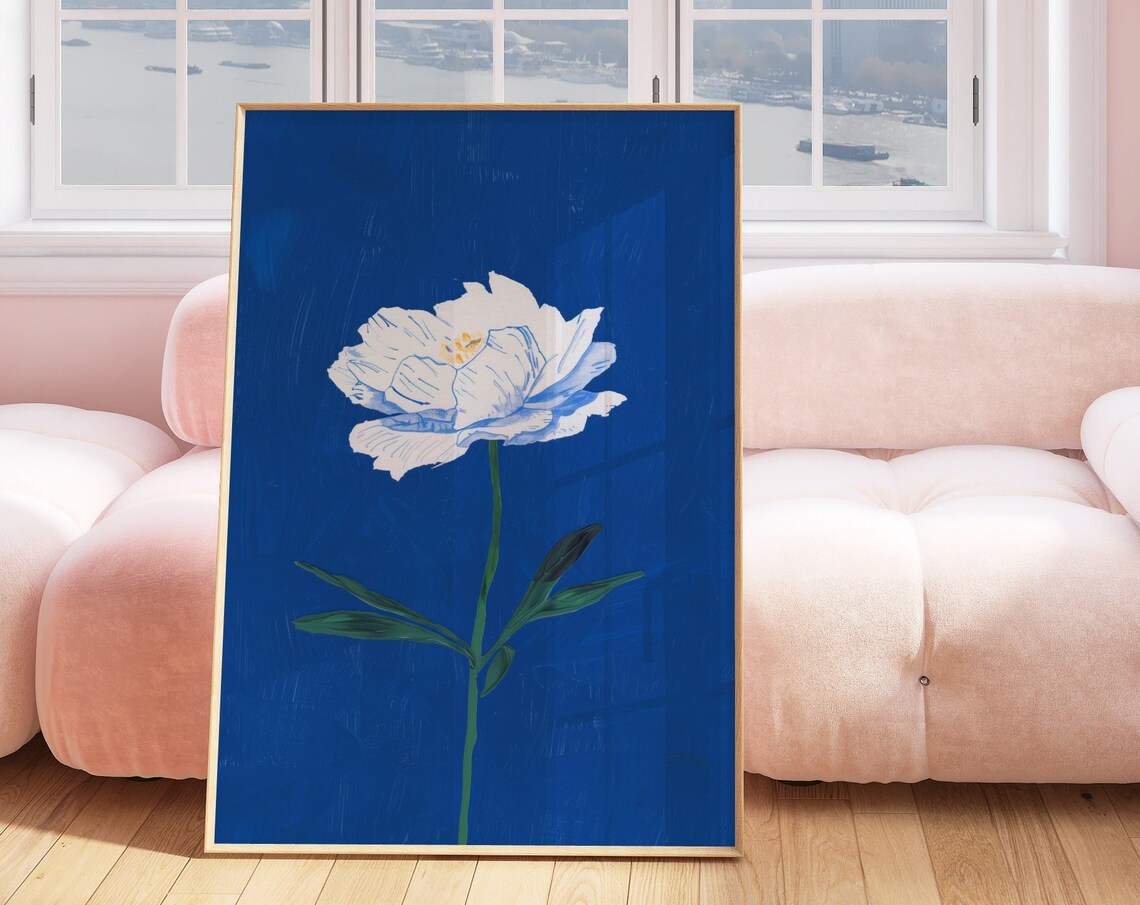 White Bloom Cobalt Blue Background Hand Drawn Floral Art Poster