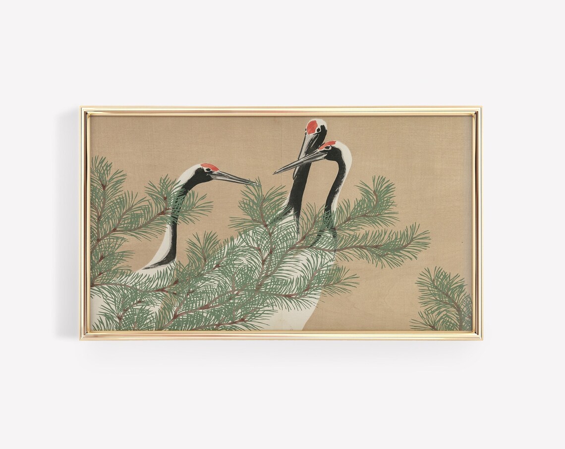 Vintage Japanese Crane Birds Art Print, Neutral Nature