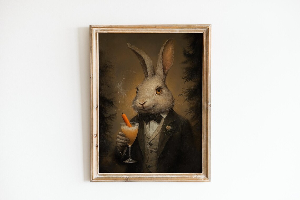 Gentleman Rabbit in Suit Holding Cocktail Carrot Vintage Poster - Image 3