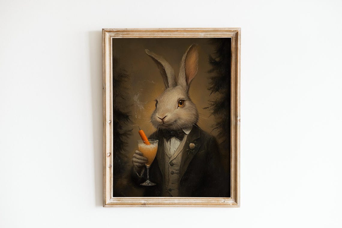 Moody Easter Bunny Print Antique Spring Rabbit Painting Neutral Country Farmhouse Dcor Dark Vintage Rustic Wall Art - Image 3