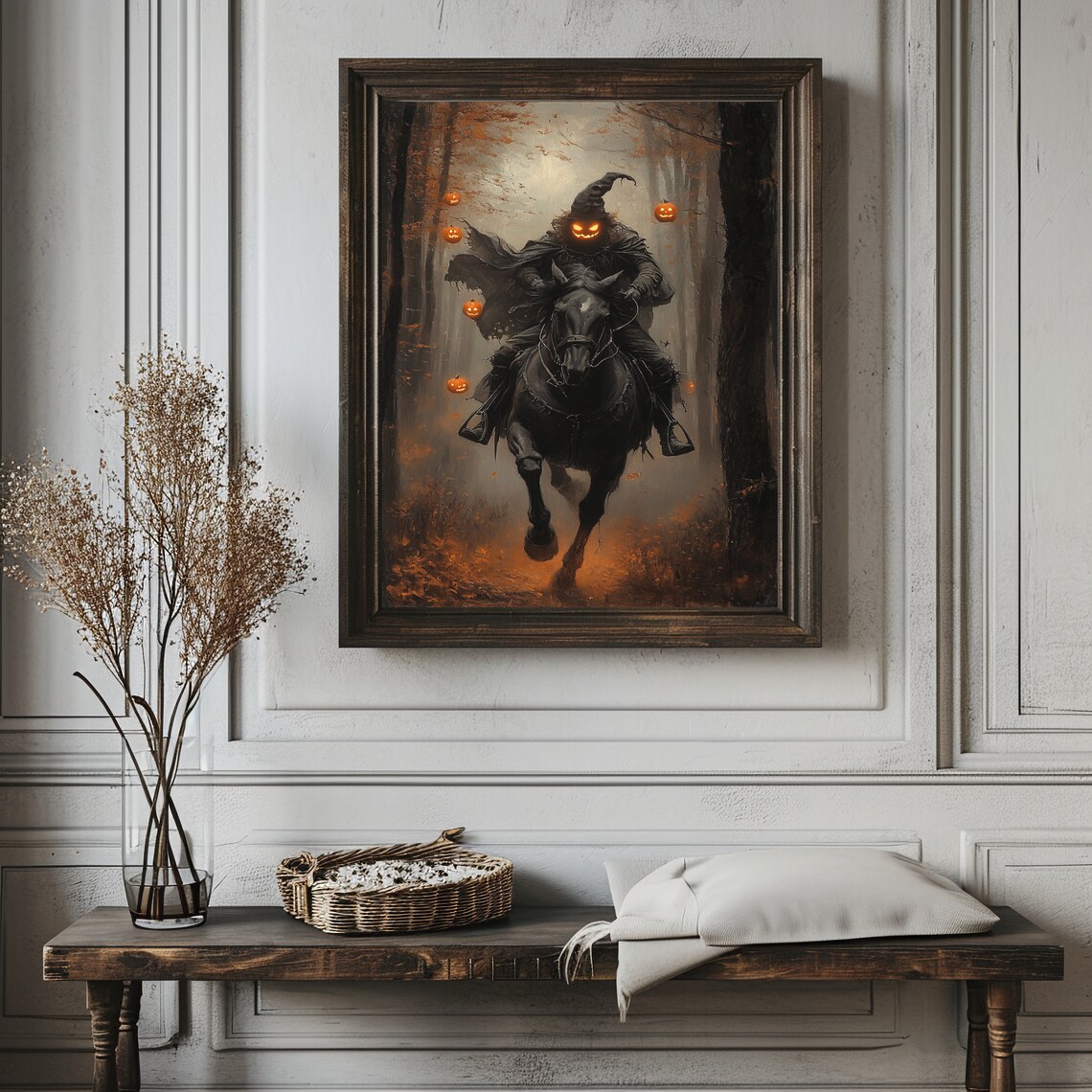 Pumpkin Headed Rider On Black Horse Autumn Forest Fantasy Poster - Image 3