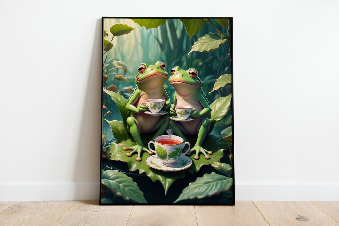 Two Frogs Enjoying Afternoon Tea on a Lily Pad Whimsical Art Print - Image 3
