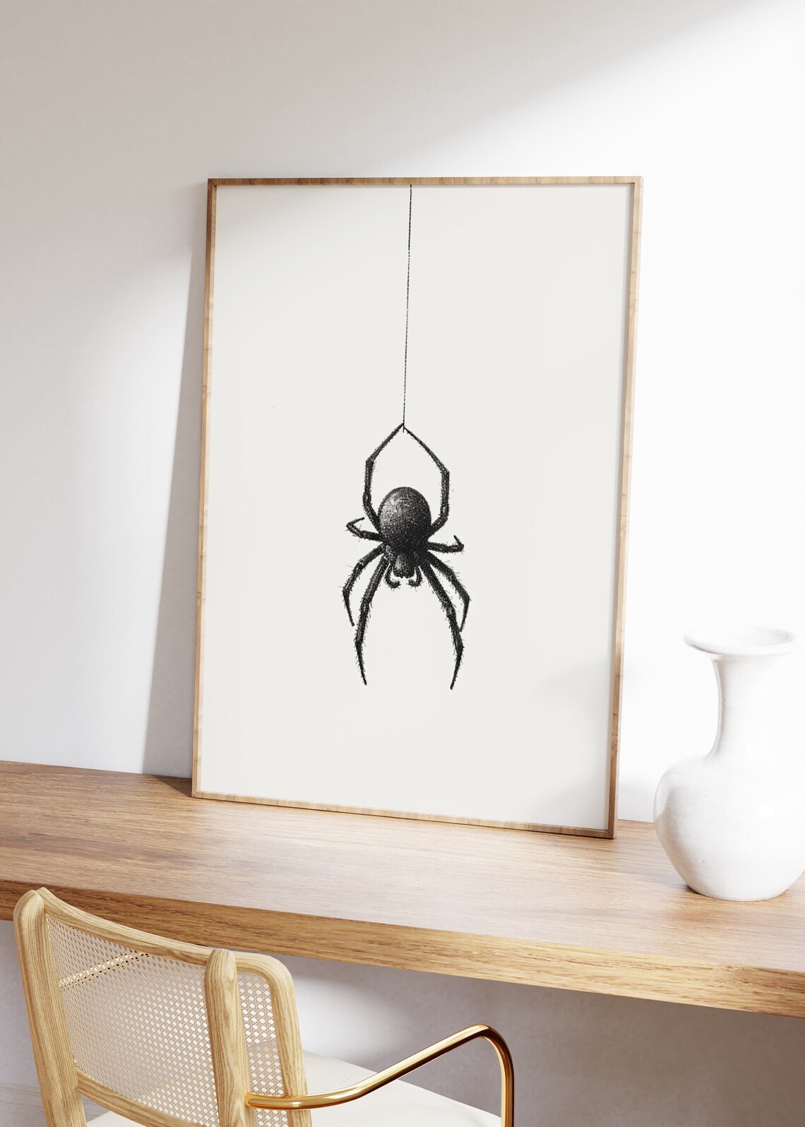 Minimalist Black Spider Hanging From A Single Thread Line Art Poster - Image 3