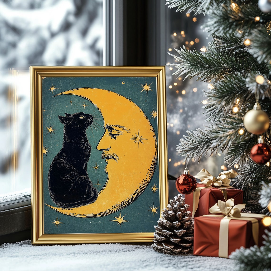 Christmas Cat and Moon Vintage Art Deco Poster Print - Image 3
