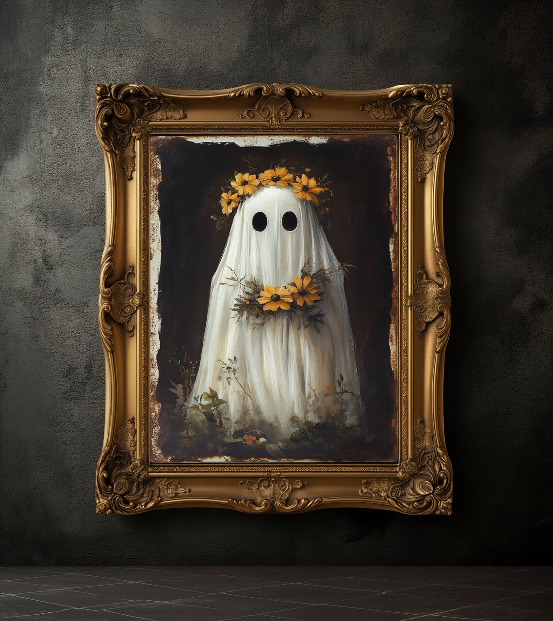 Ghost With Yellow Flower Wreath, Halloween Poster - Image 4