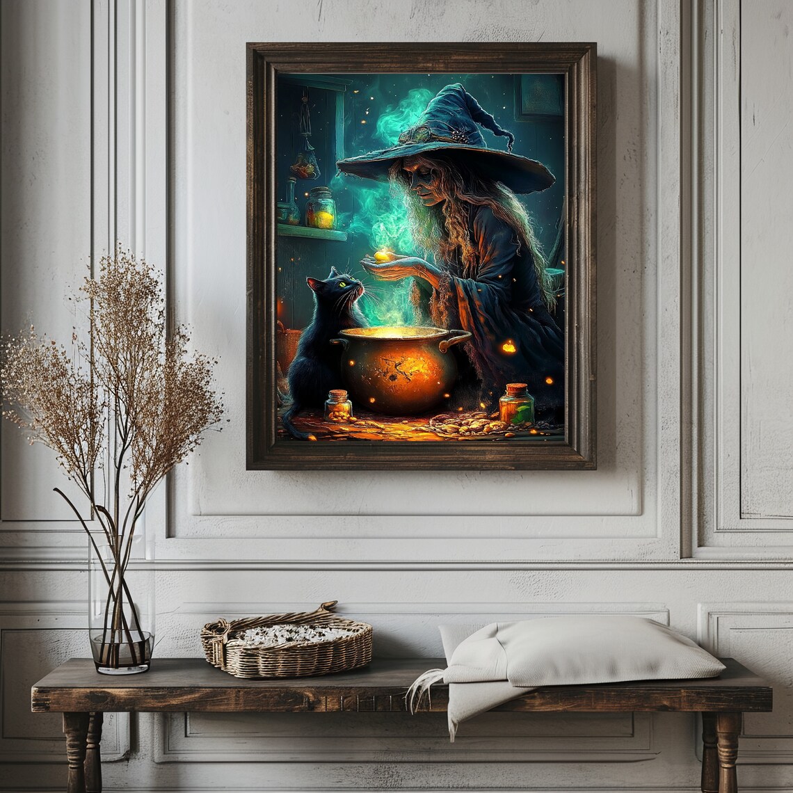 Witch Brewing a Potion Over a Cauldron Beside Her Black Cat Poster - Image 4
