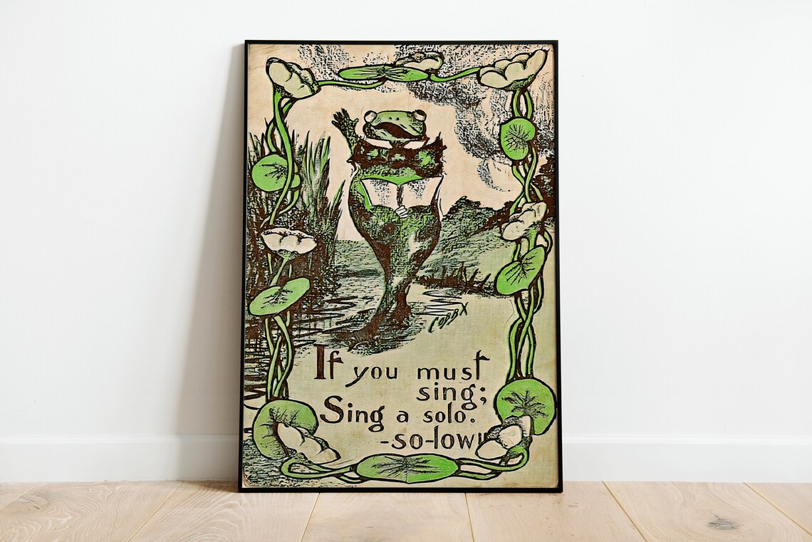 Funny Vintage Frog Singing a Solo in a Lily Pond Retro Poster