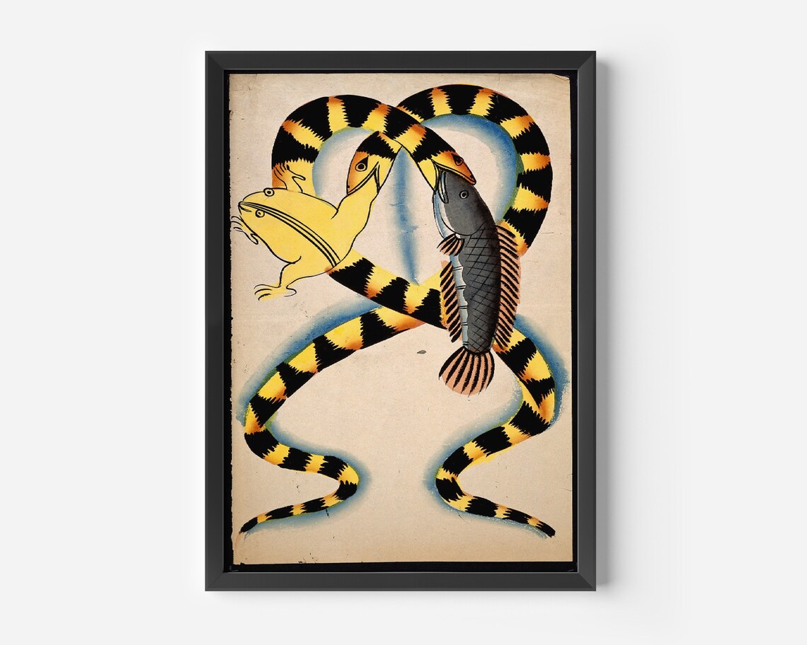 Japanese Watersnakes Swallowing Frog And Fish Vintage Folk Poster - Image 2