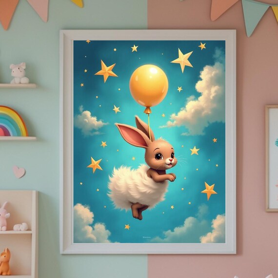 Cute Bunny Floating Golden Balloon Starry Sky Nursery Art Poster