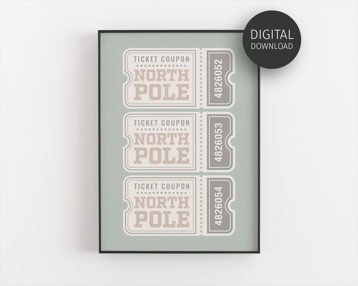 North Pole Ticket Coupon Muted Sage Vintage Christmas Art Poster