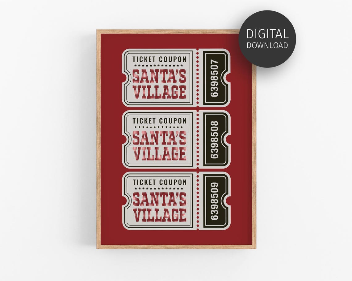 Santas Village Ticket Coupons Bold Retro Red Christmas Wall Art