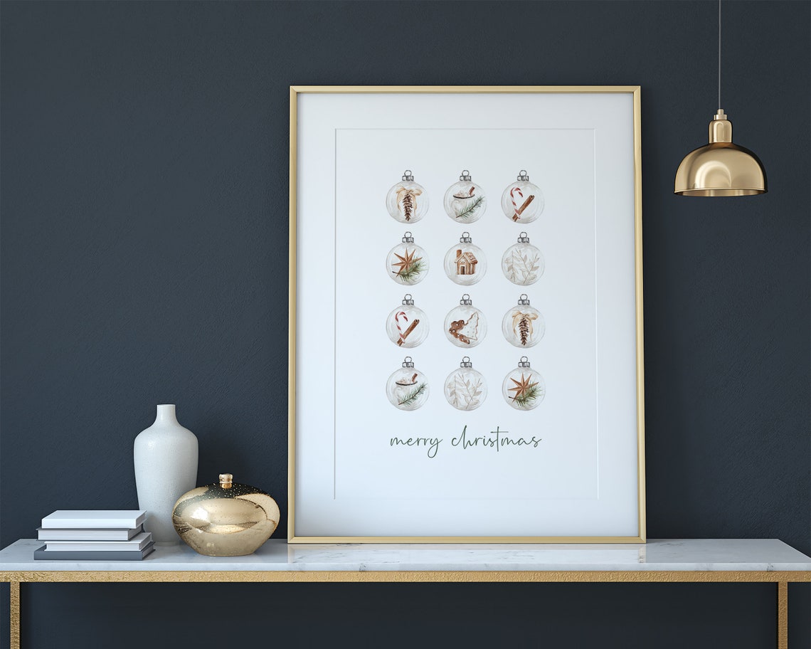 Merry Christmas Watercolor Ornament Grid Botanical Holiday Wall Art - Image 3
