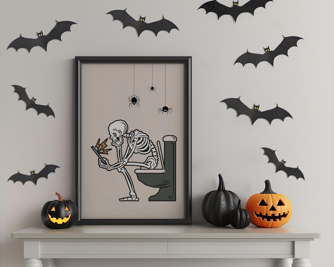 Halloween Skeleton On Toilet Vintage Poster Art Print - Image 3