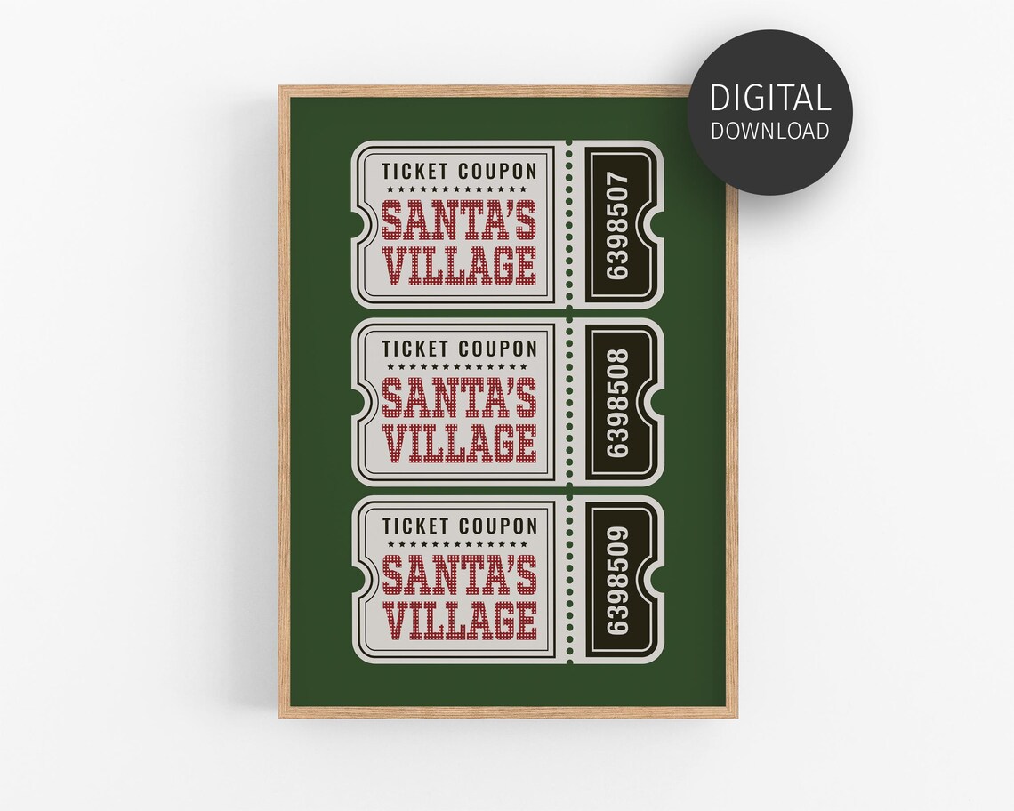 Santas Village Ticket Coupon Vintage Green Christmas Holiday Poster
