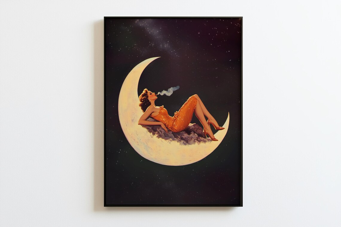 Vintage Pin-Up Woman Reclining on a Crescent Moon in a Golden Gown Poster