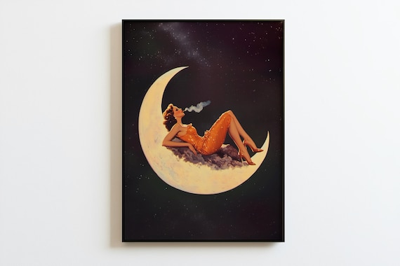 Retro Moon Art Print Vintage Cosmic Surrealism