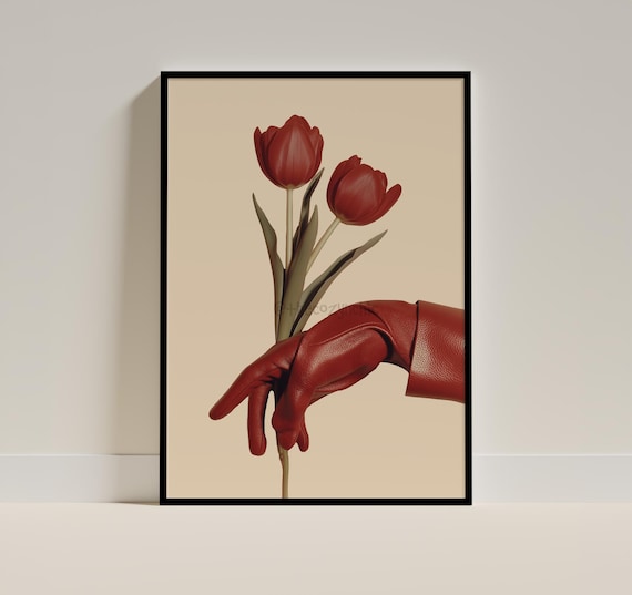 Red Leather Glove Holding Tulips Fashion Minimalist Art Poster