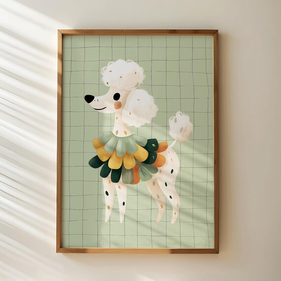 White Poodle Wearing Floral Tutu On Sage Grid Nursery Art Poster