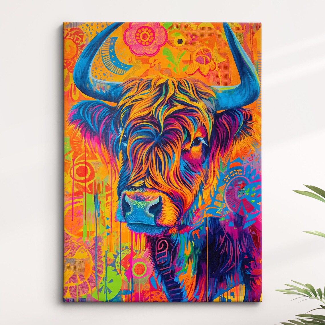 Highland Cow Colorful Rainbow Shaggy Hair Floral Portrait Poster