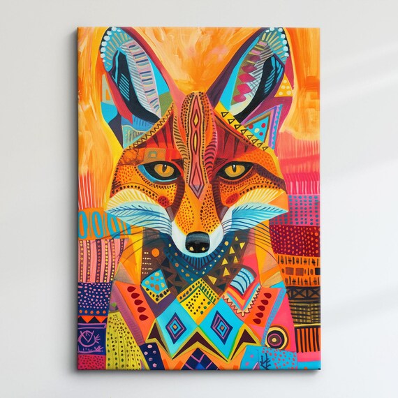 Colorful Fox Face Folk Art Patchwork Bright Orange Animal Wall Poster