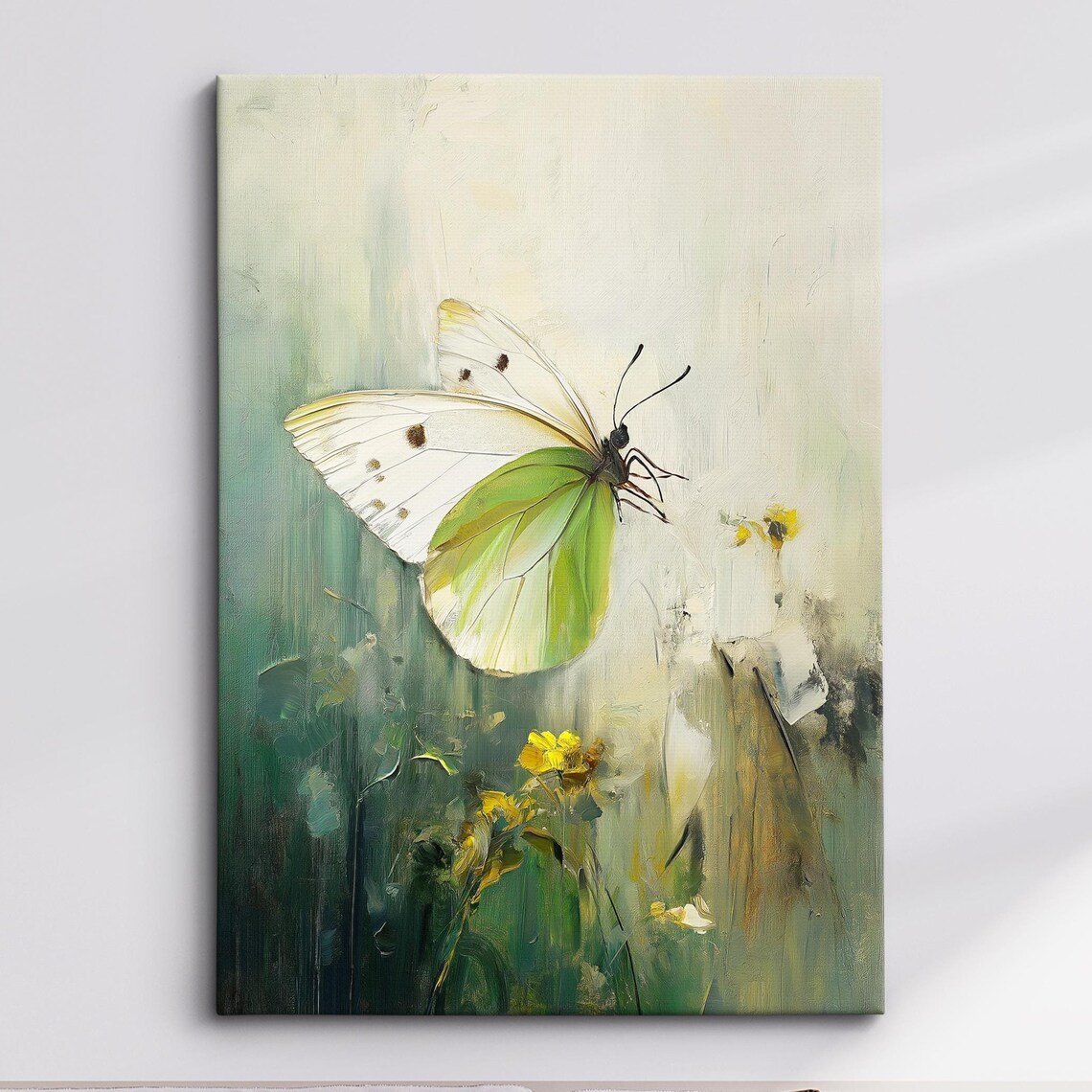 White Butterfly Flight Green Meadow Impressionist Oil Painting Poster