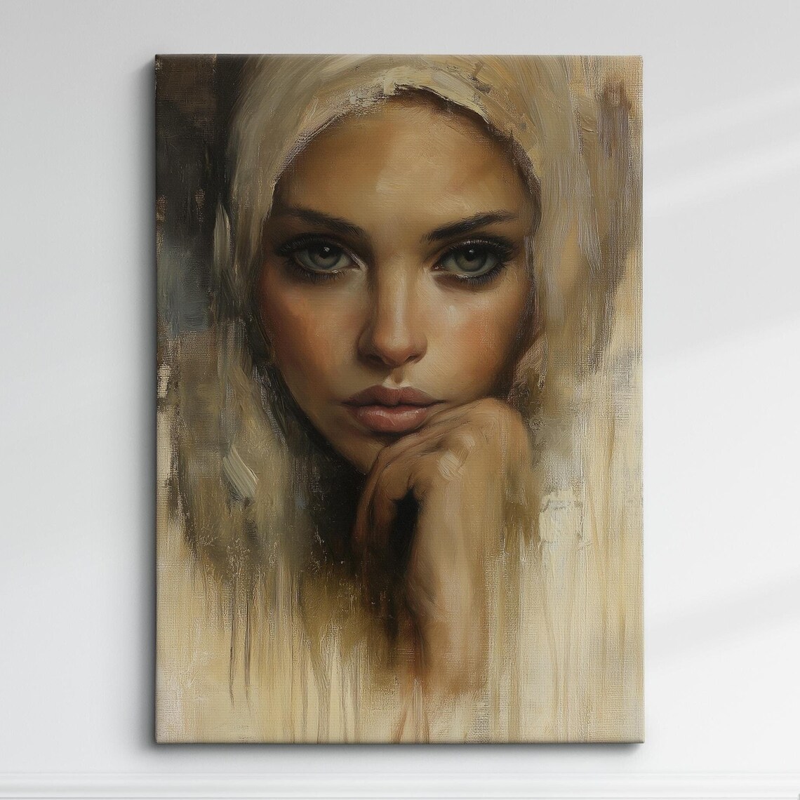 Serene Woman Portrait Neutral Tones Elegant Oil Painting Print