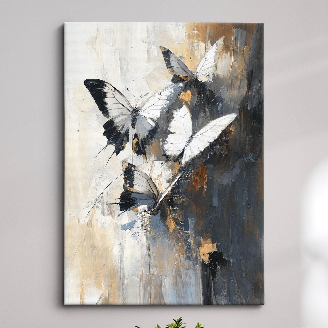 Black White Butterflies Abstract Gold Gray Modern Oil Painting Poster