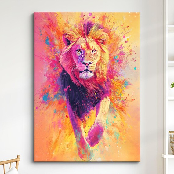 Lion Colorful Majestic Mane Leaping Paint Splash Vibrant Wildlife Art Poster