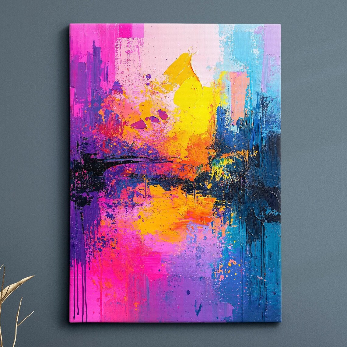 Pink Purple Blue Abstract Impasto Painting Colorful Sunset Wall Art