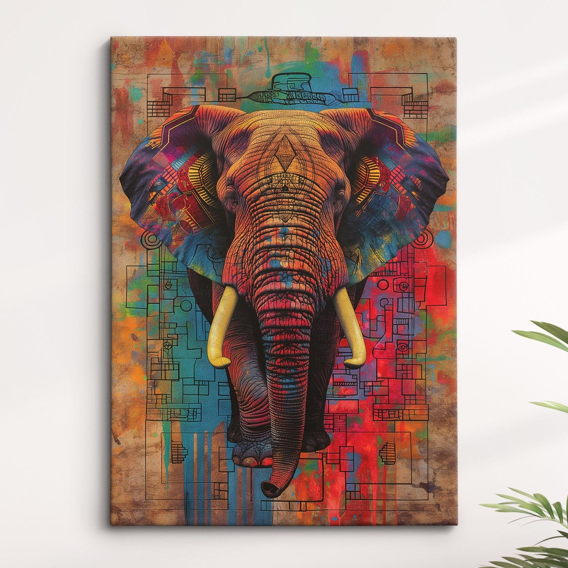 Rustic Elephant Grunge Art Orange Red Tusker Urban Texture Wall Poster