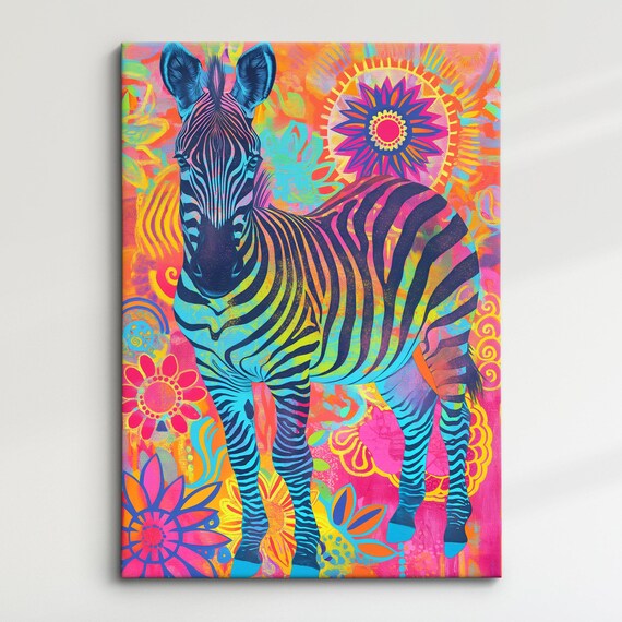 Zebra Rainbow Psychedelic Standing Full Body Floral Portrait Poster