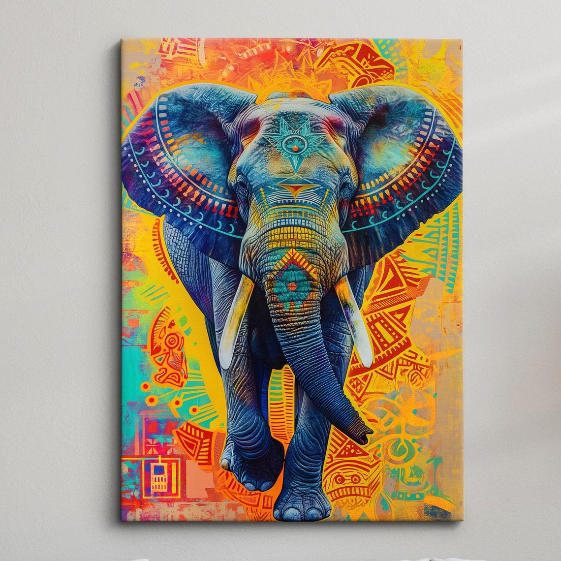 Blue Tribal Elephant Colorful Orange Yellow Folk Pattern Wall Poster