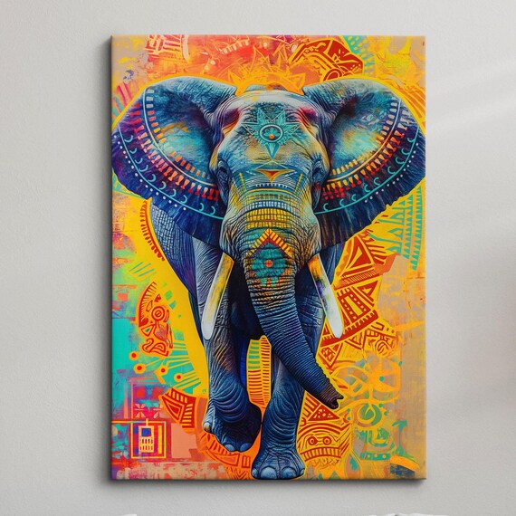 Blue Tribal Elephant Colorful Orange Yellow Folk Pattern Wall Poster