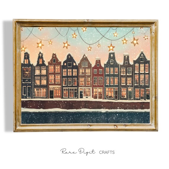 Snowy Amsterdam Canal Houses With Glowing Star Lights At Night Poster