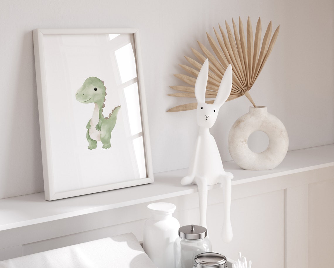 Adorable Green Baby Dinosaur Watercolor Dino Nursery Decor Poster - Image 2