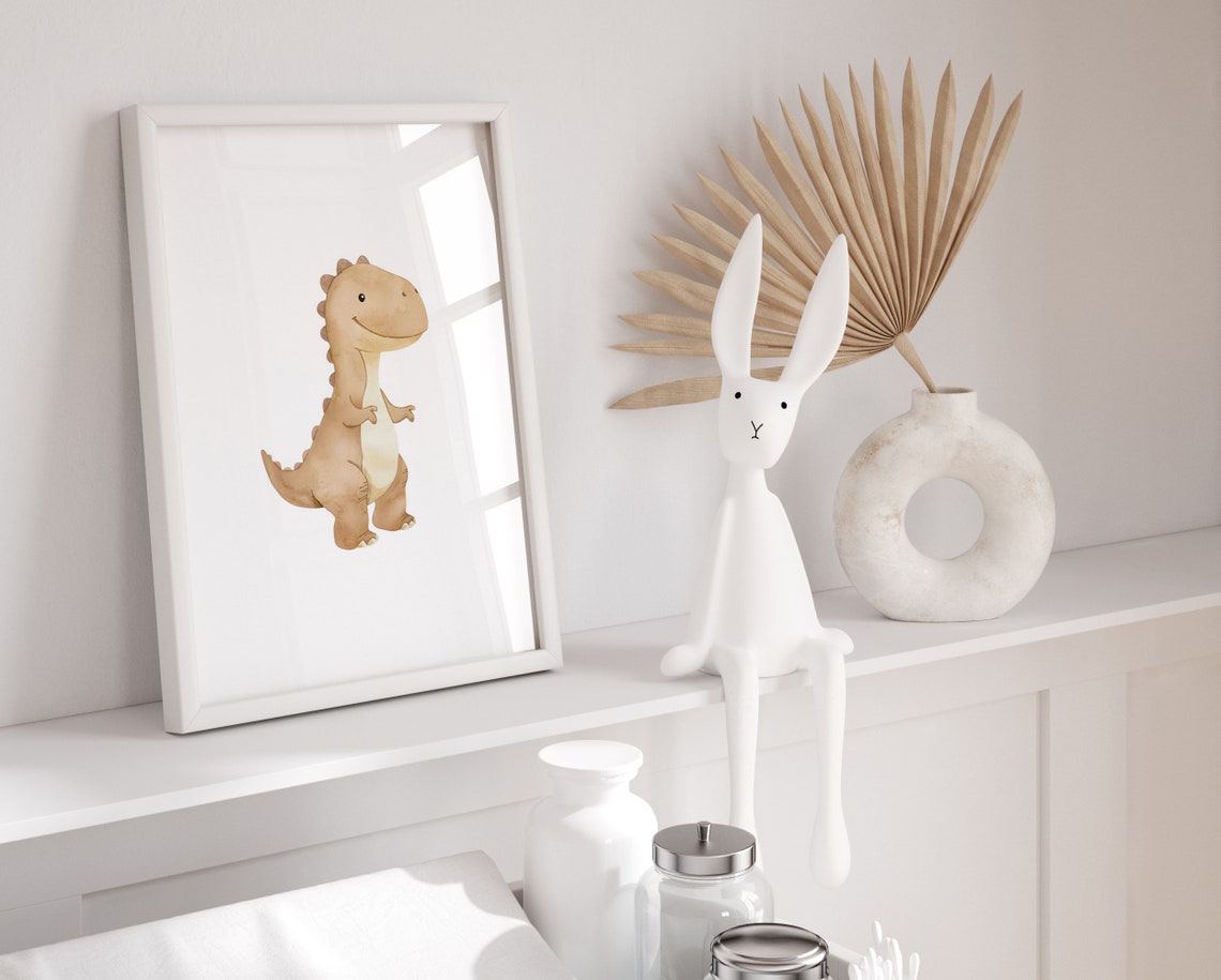 Adorable Tan Baby T Rex Dinosaur Watercolor Nursery Decor Poster - Image 2