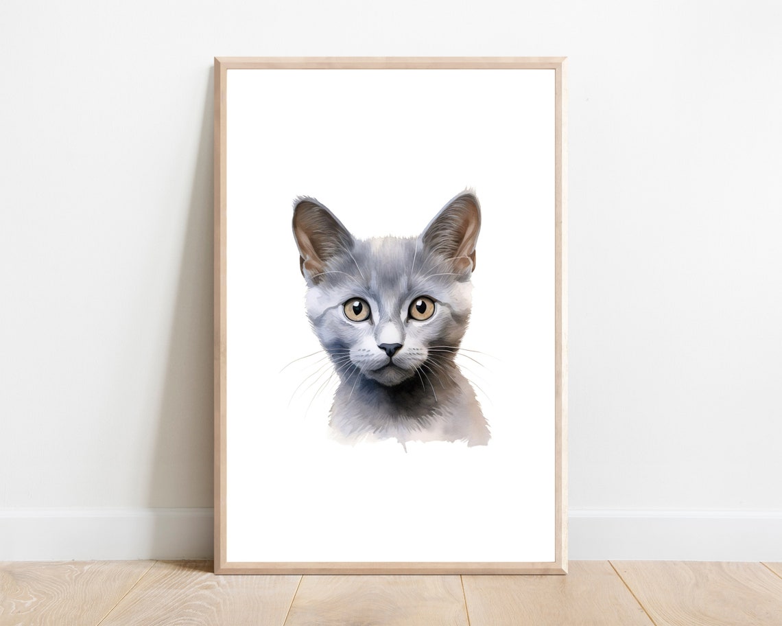 Cute Gray Kitten Face Watercolor Portrait Sweet Nursery Wall Art